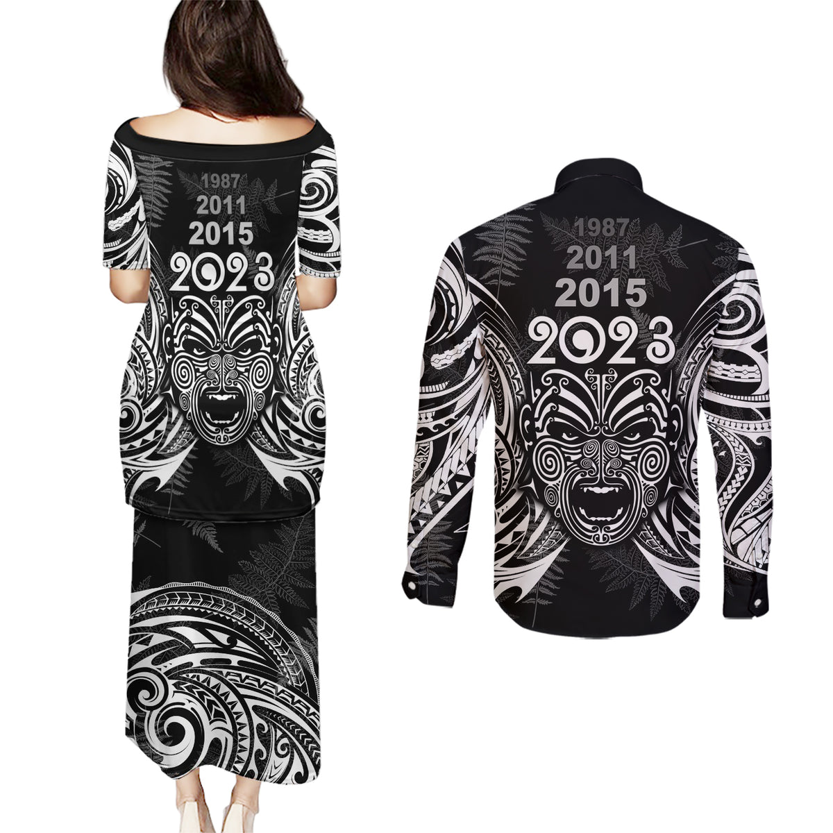New Zealand Rugby Couples Matching Puletasi Dress and Long Sleeve Button Shirt 2023 World Cup Aotearoa Haka Face LT7 - Polynesian Pride