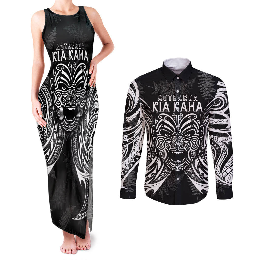 New Zealand Rugby Couples Matching Tank Maxi Dress and Long Sleeve Button Shirt 2023 World Cup Aotearoa Haka Face LT7 Black - Polynesian Pride