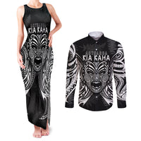 New Zealand Rugby Couples Matching Tank Maxi Dress and Long Sleeve Button Shirt 2023 World Cup Aotearoa Haka Face LT7 Black - Polynesian Pride