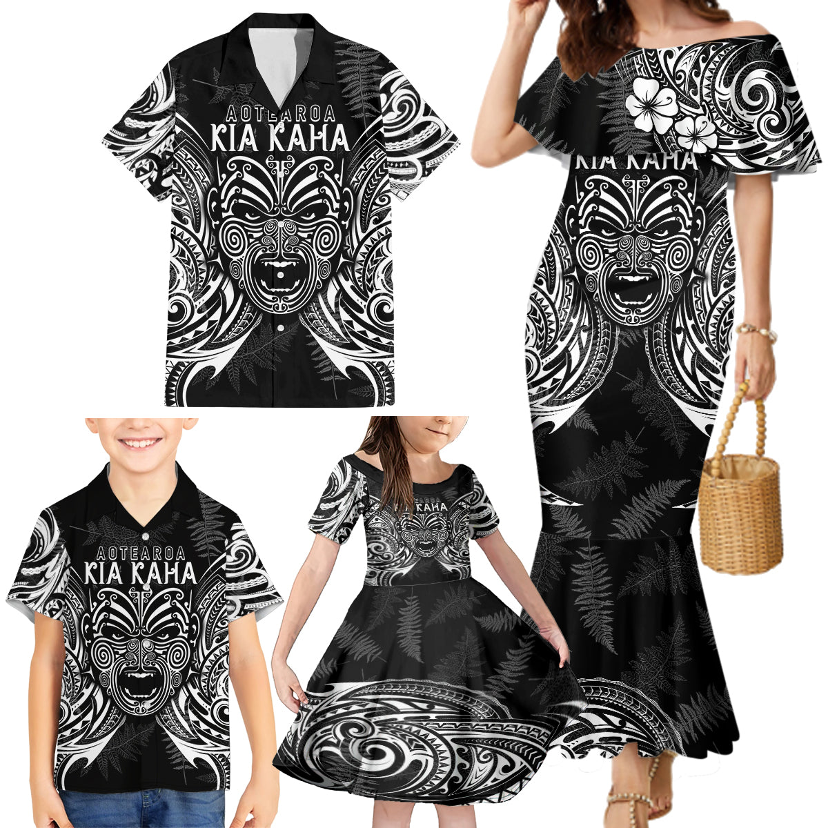 New Zealand Rugby Family Matching Mermaid Dress and Hawaiian Shirt 2023 World Cup Aotearoa Haka Face LT7 - Polynesian Pride