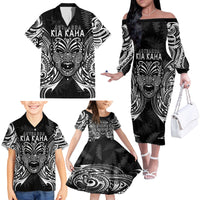New Zealand Rugby Family Matching Off Shoulder Long Sleeve Dress and Hawaiian Shirt 2023 World Cup Aotearoa Haka Face LT7 - Polynesian Pride