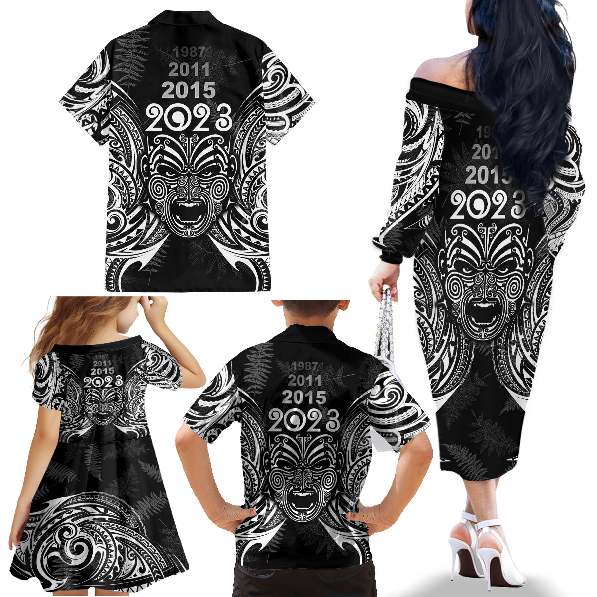New Zealand Rugby Family Matching Off Shoulder Long Sleeve Dress and Hawaiian Shirt 2023 World Cup Aotearoa Haka Face LT7 - Polynesian Pride