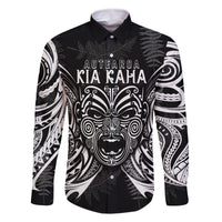 New Zealand Rugby Family Matching Off Shoulder Long Sleeve Dress and Hawaiian Shirt 2023 World Cup Aotearoa Haka Face LT7 Dad's Shirt - Long Sleeve Black - Polynesian Pride