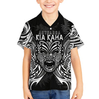 New Zealand Rugby Family Matching Off Shoulder Long Sleeve Dress and Hawaiian Shirt 2023 World Cup Aotearoa Haka Face LT7 Son's Shirt Black - Polynesian Pride