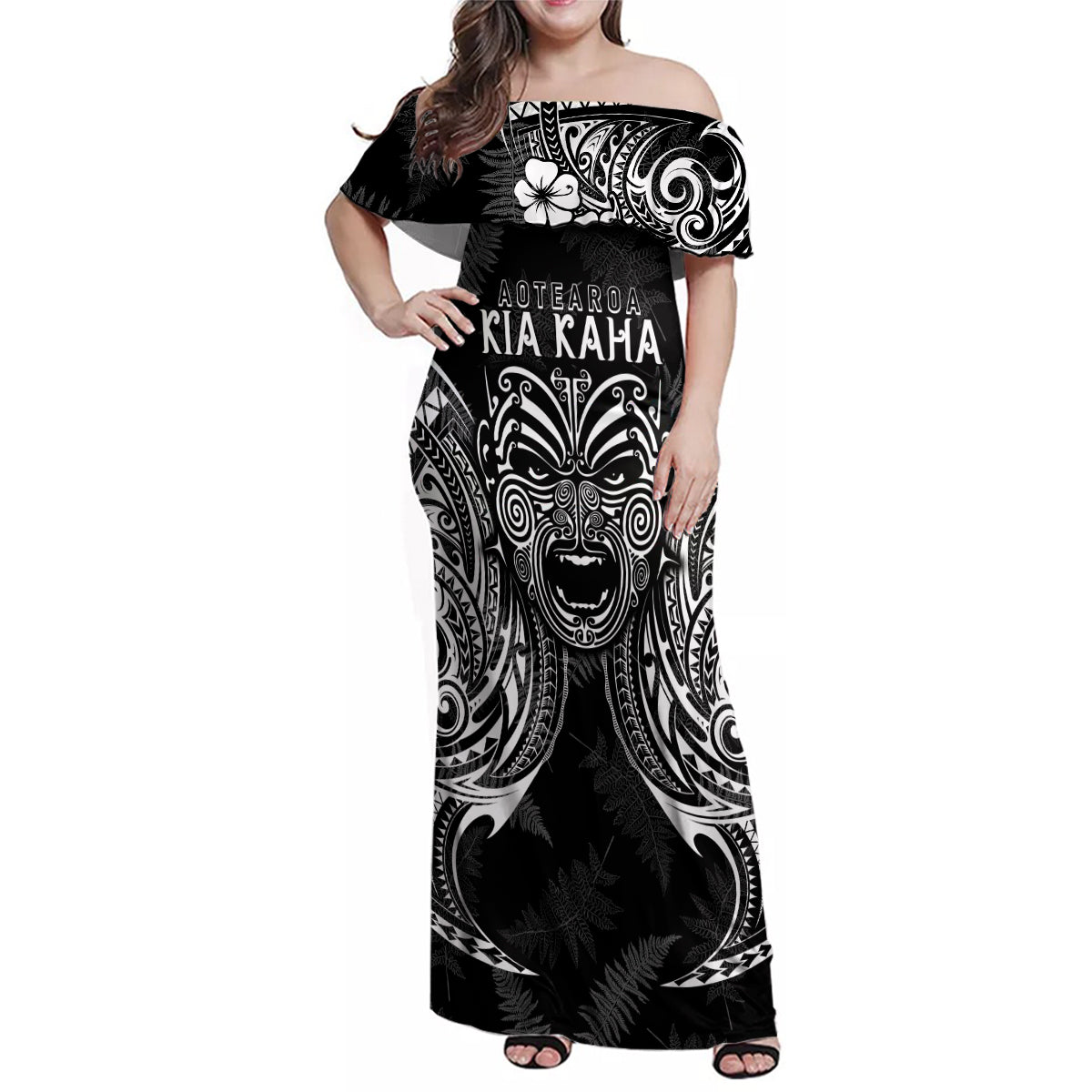 New Zealand Rugby Family Matching Off Shoulder Maxi Dress and Hawaiian Shirt 2023 World Cup Aotearoa Haka Face LT7 Mom's Dress Black - Polynesian Pride