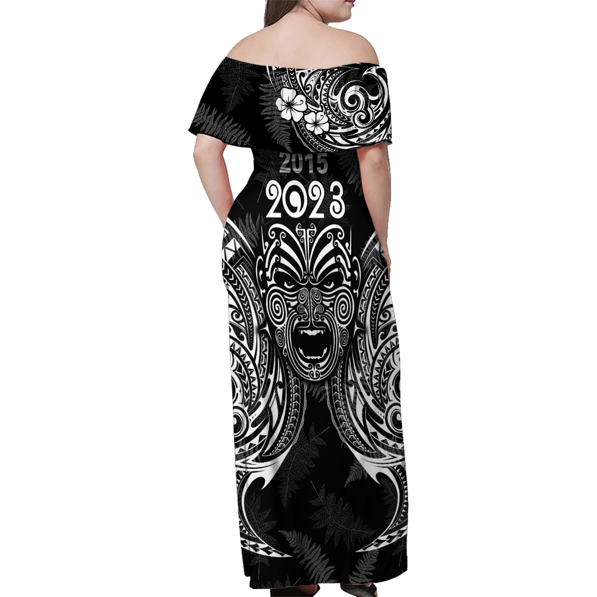 New Zealand Rugby Family Matching Off Shoulder Maxi Dress and Hawaiian Shirt 2023 World Cup Aotearoa Haka Face LT7 - Polynesian Pride