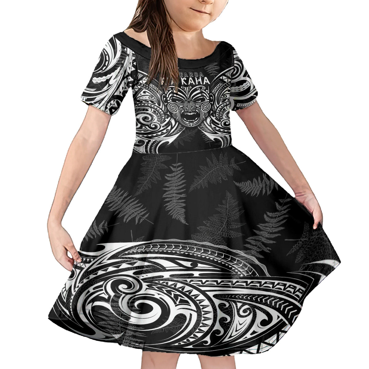 New Zealand Rugby Family Matching Off Shoulder Short Dress and Hawaiian Shirt 2023 World Cup Aotearoa Haka Face LT7 Daughter's Dress Black - Polynesian Pride