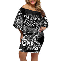 New Zealand Rugby Family Matching Off Shoulder Short Dress and Hawaiian Shirt 2023 World Cup Aotearoa Haka Face LT7 Mom's Dress Black - Polynesian Pride