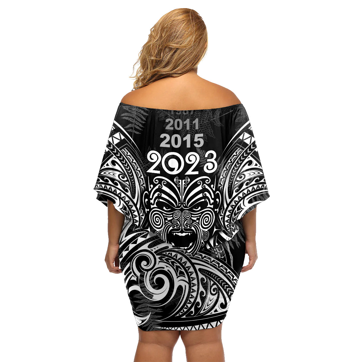 New Zealand Rugby Family Matching Off Shoulder Short Dress and Hawaiian Shirt 2023 World Cup Aotearoa Haka Face LT7 - Polynesian Pride