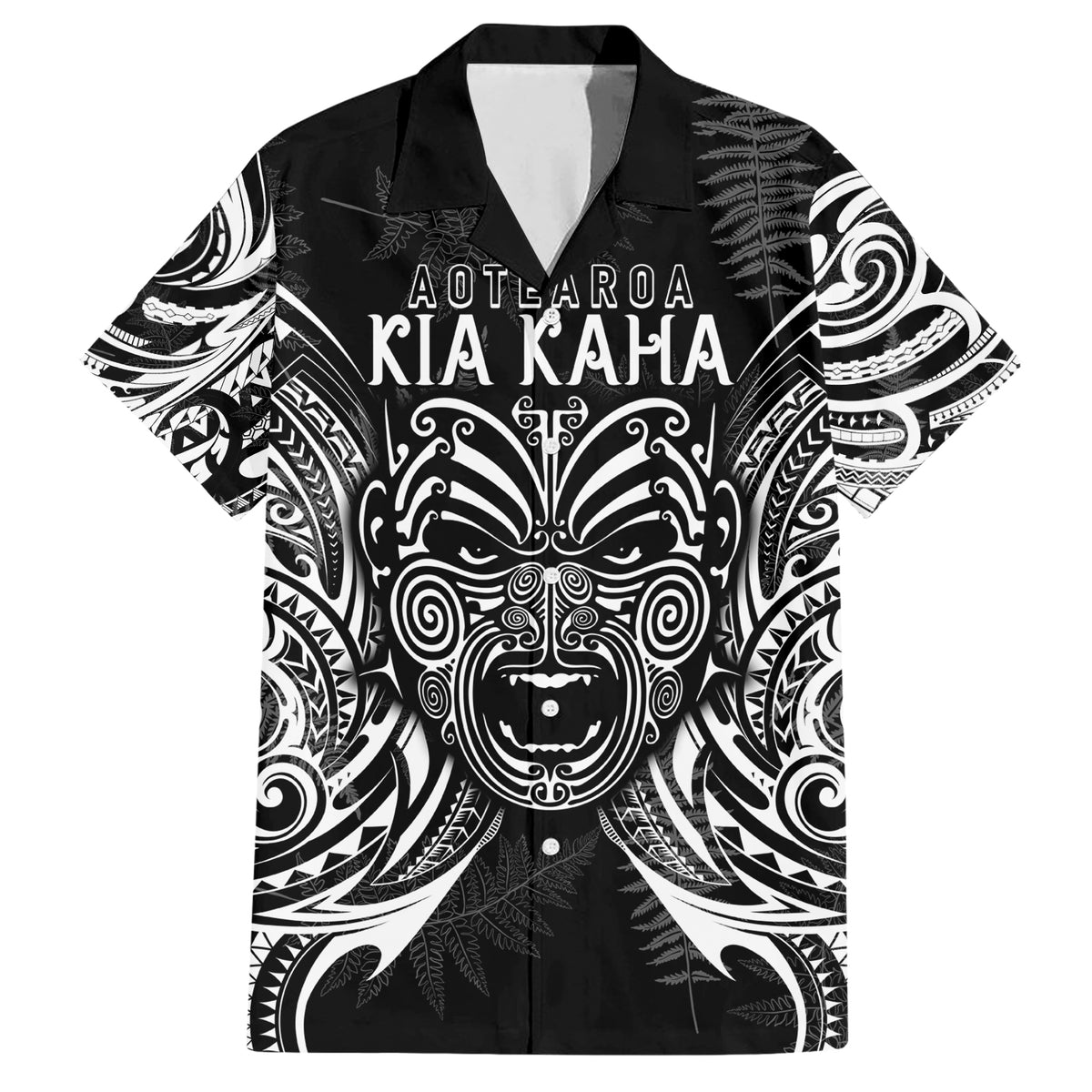 New Zealand Rugby Family Matching Short Sleeve Bodycon Dress and Hawaiian Shirt 2023 World Cup Aotearoa Haka Face LT7 Dad's Shirt - Short Sleeve Black - Polynesian Pride