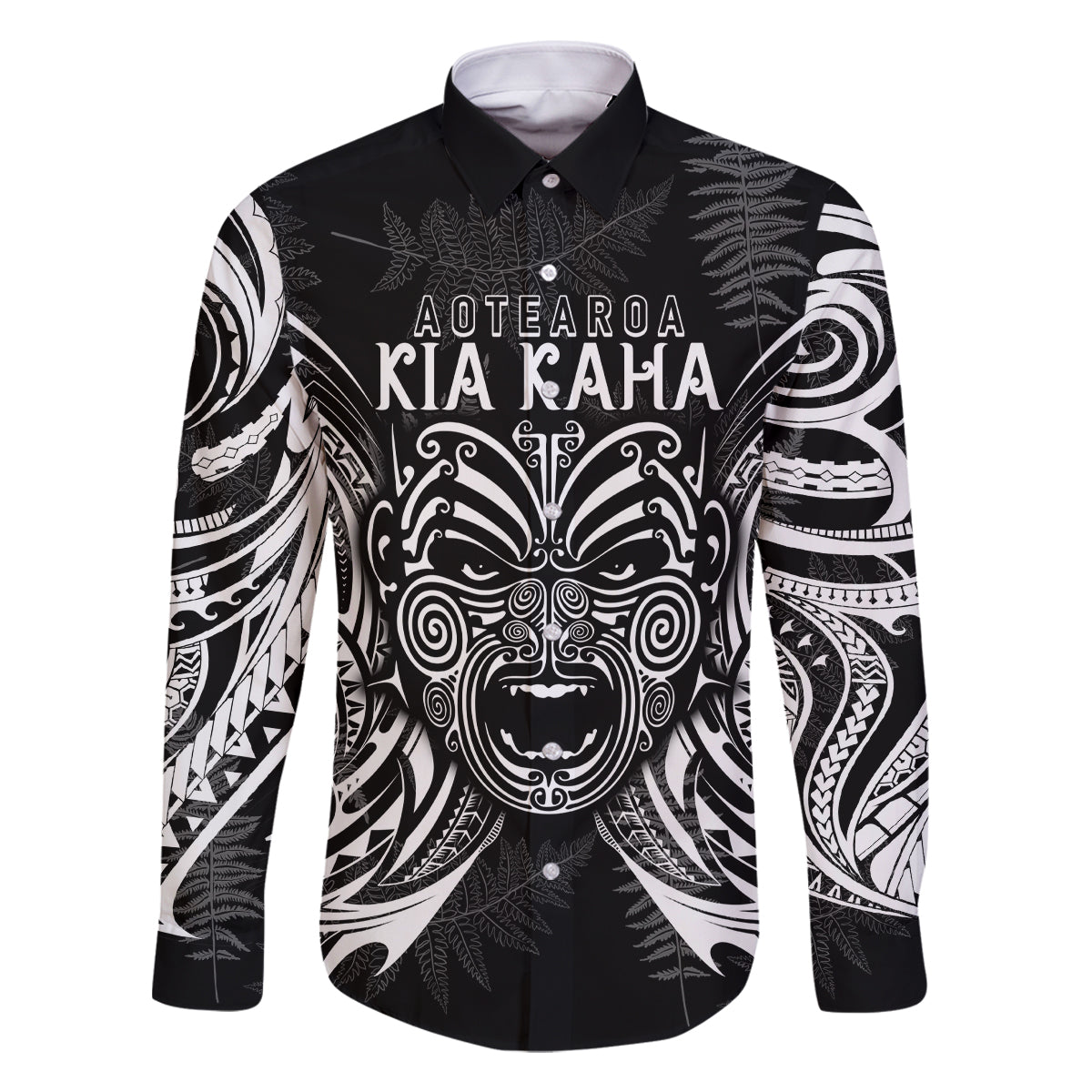 New Zealand Rugby Family Matching Tank Maxi Dress and Hawaiian Shirt 2023 World Cup Aotearoa Haka Face LT7 Dad's Shirt - Long Sleeve Black - Polynesian Pride