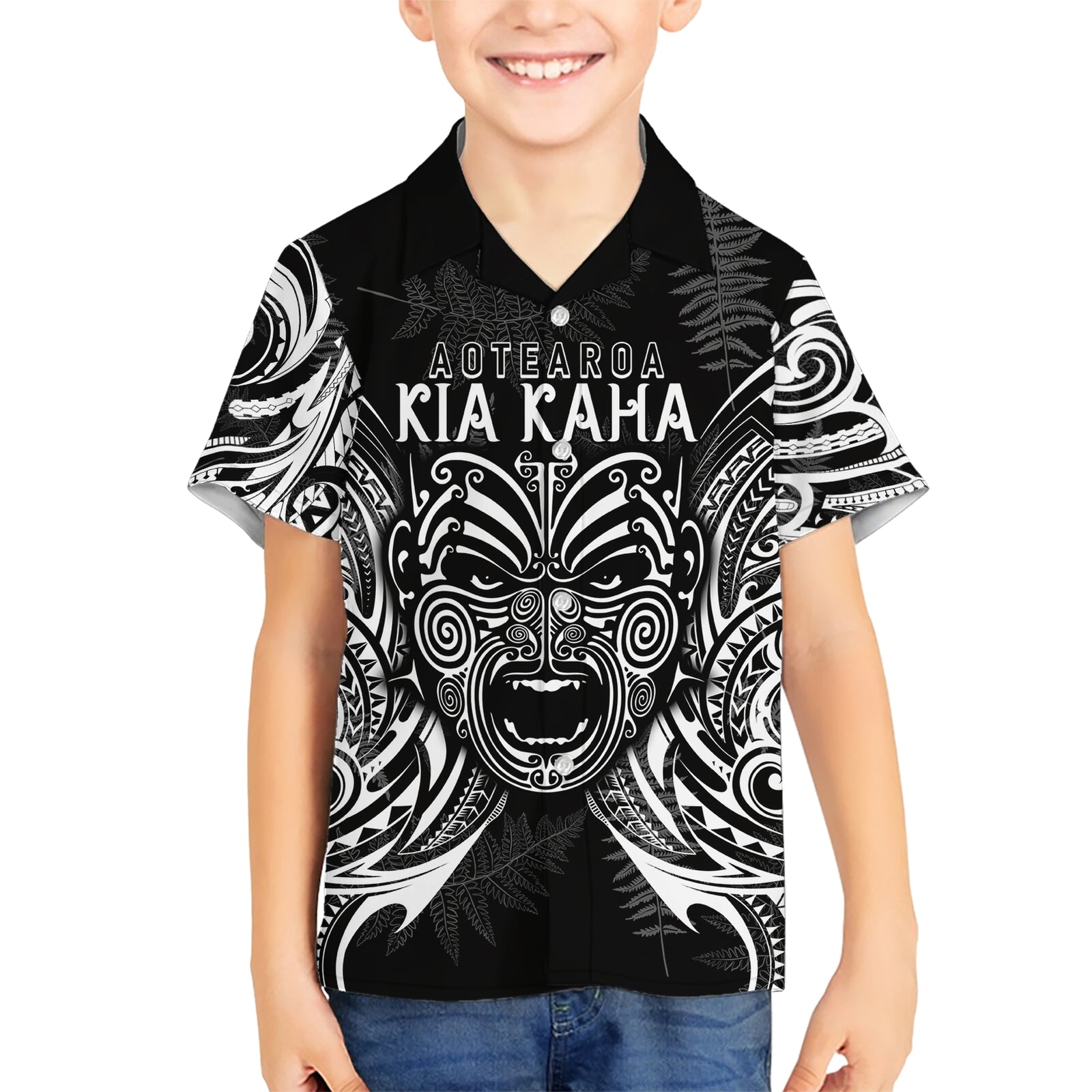 New Zealand Rugby Kid Hawaiian Shirt 2023 World Cup Aotearoa Haka Face LT7 Kid Black - Polynesian Pride