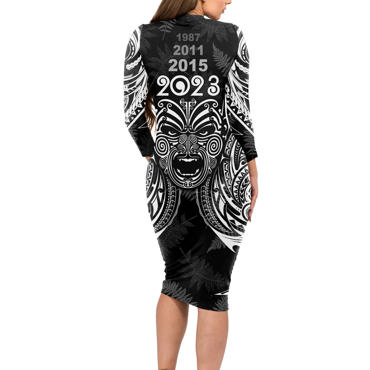 New Zealand Rugby Long Sleeve Bodycon Dress 2023 World Cup Aotearoa Haka Face LT7 - Polynesian Pride