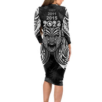 New Zealand Rugby Long Sleeve Bodycon Dress 2023 World Cup Aotearoa Haka Face LT7 - Polynesian Pride
