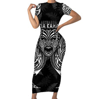 New Zealand Rugby Short Sleeve Bodycon Dress 2023 World Cup Aotearoa Haka Face LT7 Long Dress Black - Polynesian Pride
