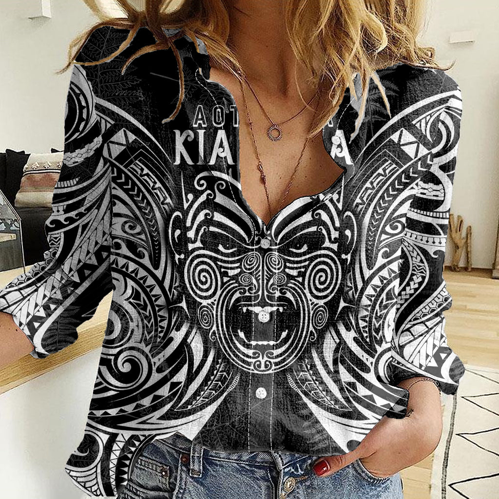 New Zealand Rugby Women Casual Shirt 2023 World Cup Aotearoa Haka Face LT7 Female Black - Polynesian Pride