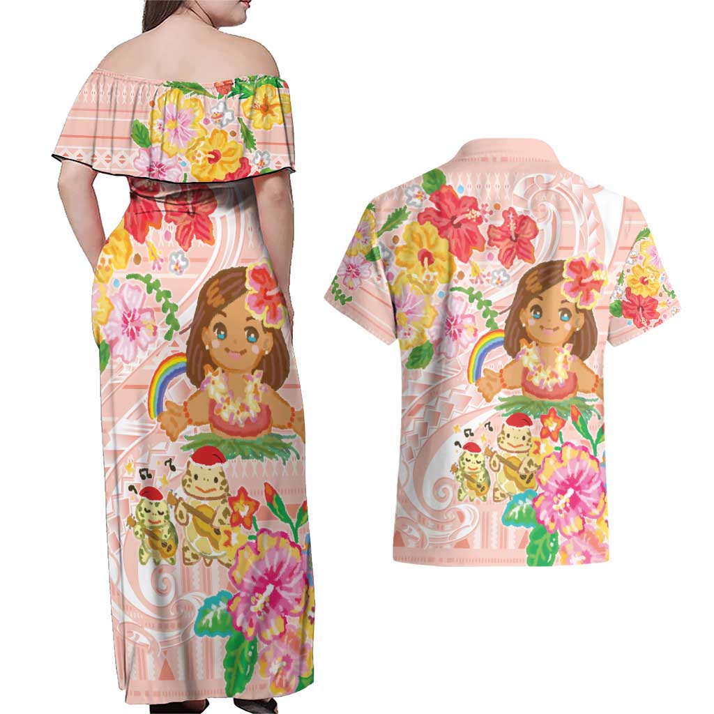 Aloha Hawaii Couples Matching Off Shoulder Maxi Dress and Hawaiian Shirt Kawaii Mele Kalikimaka - Pastel Fever LT7 - Polynesian Pride
