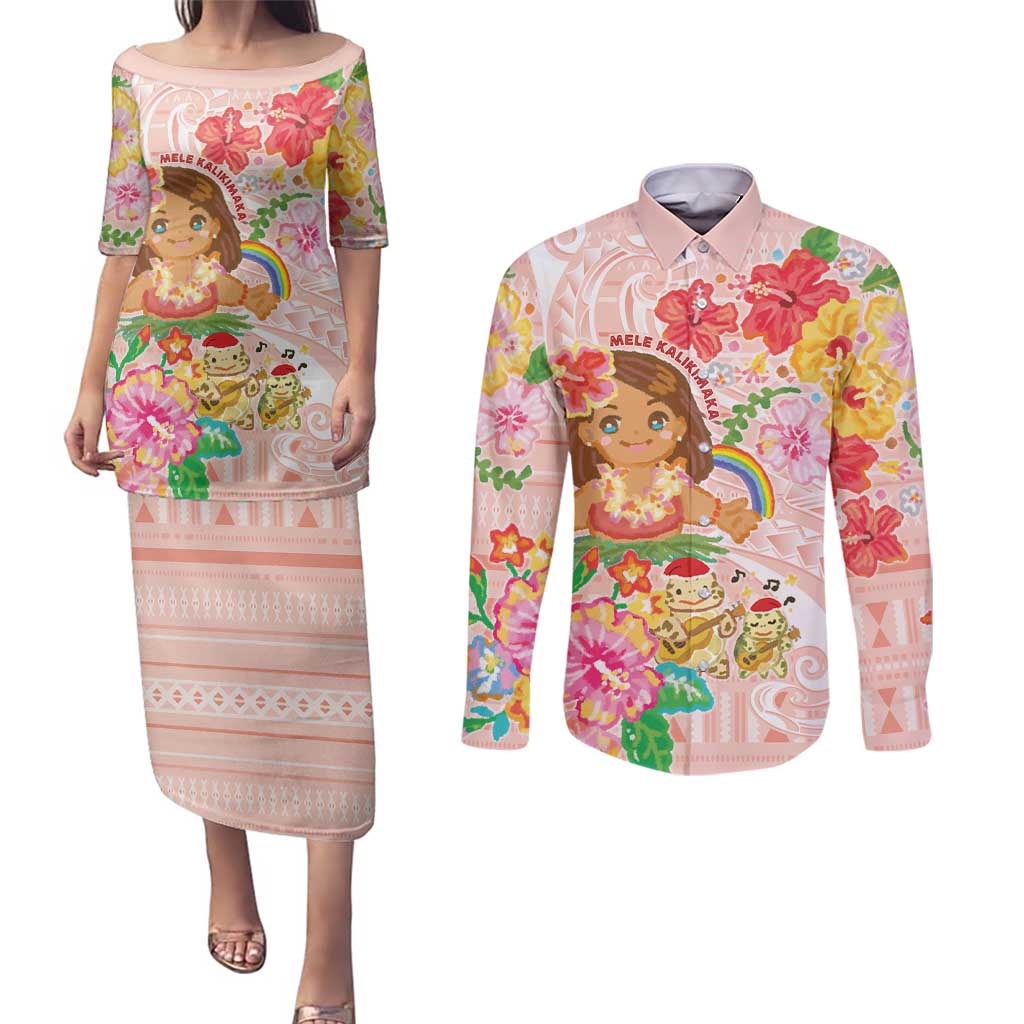 Aloha Hawaii Couples Matching Puletasi and Long Sleeve Button Shirt Kawaii Mele Kalikimaka - Pastel Fever LT7 Peach - Polynesian Pride