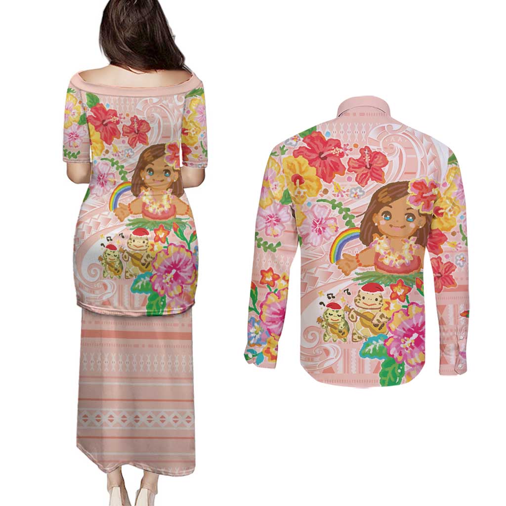 Aloha Hawaii Couples Matching Puletasi and Long Sleeve Button Shirt Kawaii Mele Kalikimaka - Pastel Fever LT7 - Polynesian Pride