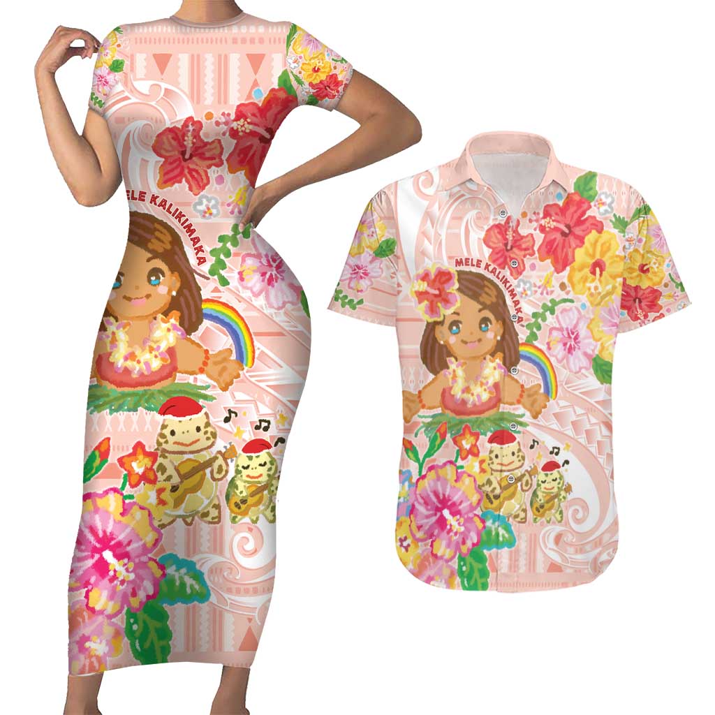Aloha Hawaii Couples Matching Short Sleeve Bodycon Dress and Hawaiian Shirt Kawaii Mele Kalikimaka - Pastel Fever LT7 Peach - Polynesian Pride