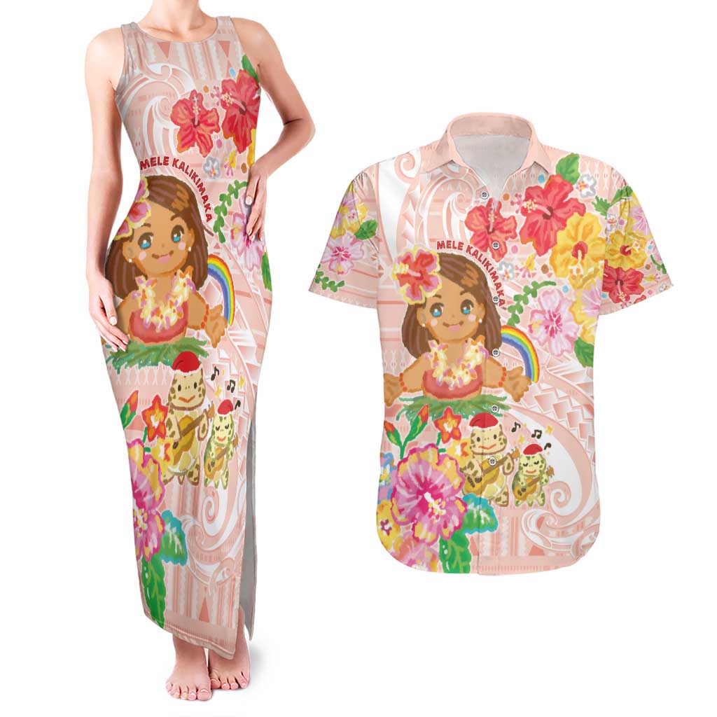 Aloha Hawaii Couples Matching Tank Maxi Dress and Hawaiian Shirt Kawaii Mele Kalikimaka - Pastel Fever LT7 Peach - Polynesian Pride