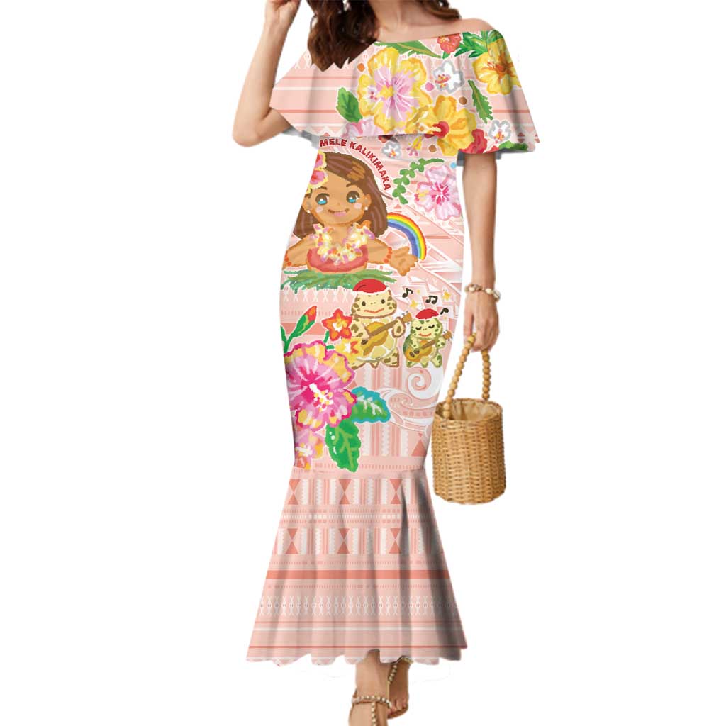Aloha Hawaii Family Matching Mermaid Dress and Hawaiian Shirt Kawaii Mele Kalikimaka - Pastel Fever LT7 Mom's Dress Peach - Polynesian Pride