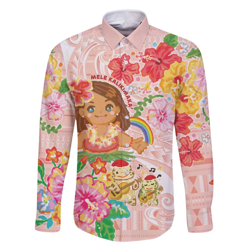 Aloha Hawaii Family Matching Off Shoulder Maxi Dress and Hawaiian Shirt Kawaii Mele Kalikimaka - Pastel Fever LT7 Dad's Shirt - Long Sleeve Peach - Polynesian Pride