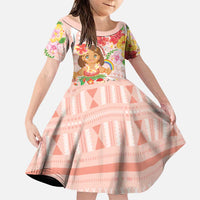 Aloha Hawaii Family Matching Puletasi and Hawaiian Shirt Kawaii Mele Kalikimaka - Pastel Fever LT7 Daughter's Dress Peach - Polynesian Pride