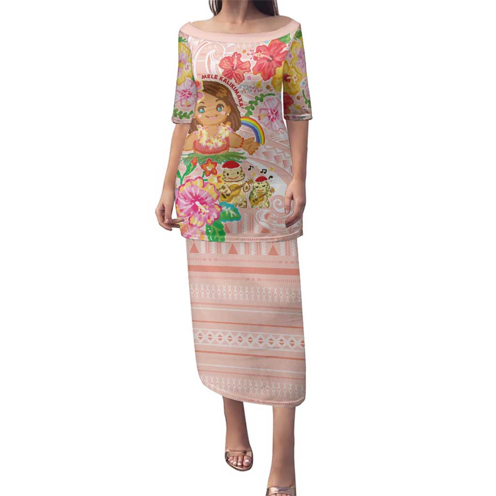 Aloha Hawaii Family Matching Puletasi and Hawaiian Shirt Kawaii Mele Kalikimaka - Pastel Fever LT7 Mom's Dress Peach - Polynesian Pride