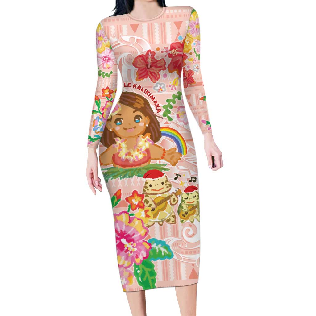 Aloha Hawaii Long Sleeve Bodycon Dress Kawaii Mele Kalikimaka - Pastel Fever LT7 Long Dress Peach - Polynesian Pride