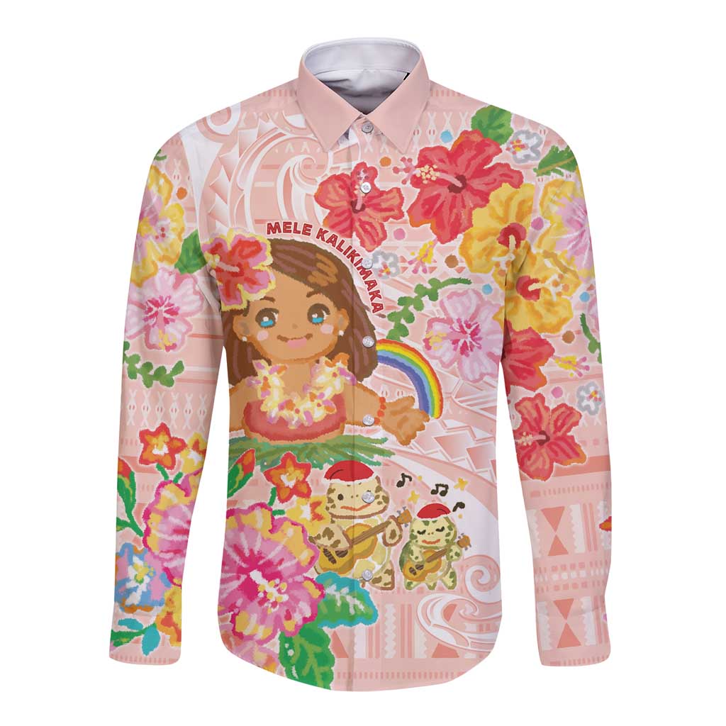 Aloha Hawaii Long Sleeve Button Shirt Kawaii Mele Kalikimaka - Pastel Fever LT7 Unisex Peach - Polynesian Pride