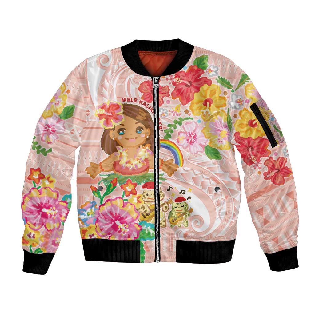 Aloha Hawaii Sleeve Zip Bomber Jacket Kawaii Mele Kalikimaka - Pastel Fever LT7 Unisex Peach - Polynesian Pride