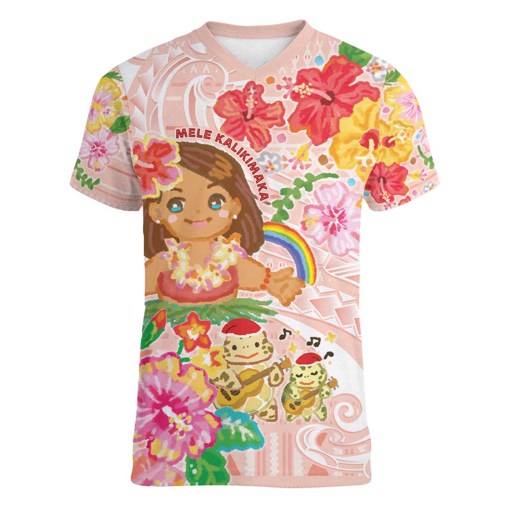 Aloha Hawaii Women V-Neck T-Shirt Kawaii Mele Kalikimaka - Pastel Fever LT7 Female Peach - Polynesian Pride