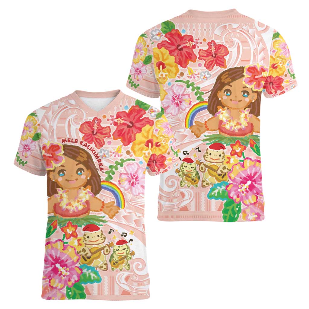 Aloha Hawaii Women V-Neck T-Shirt Kawaii Mele Kalikimaka - Pastel Fever LT7 - Polynesian Pride