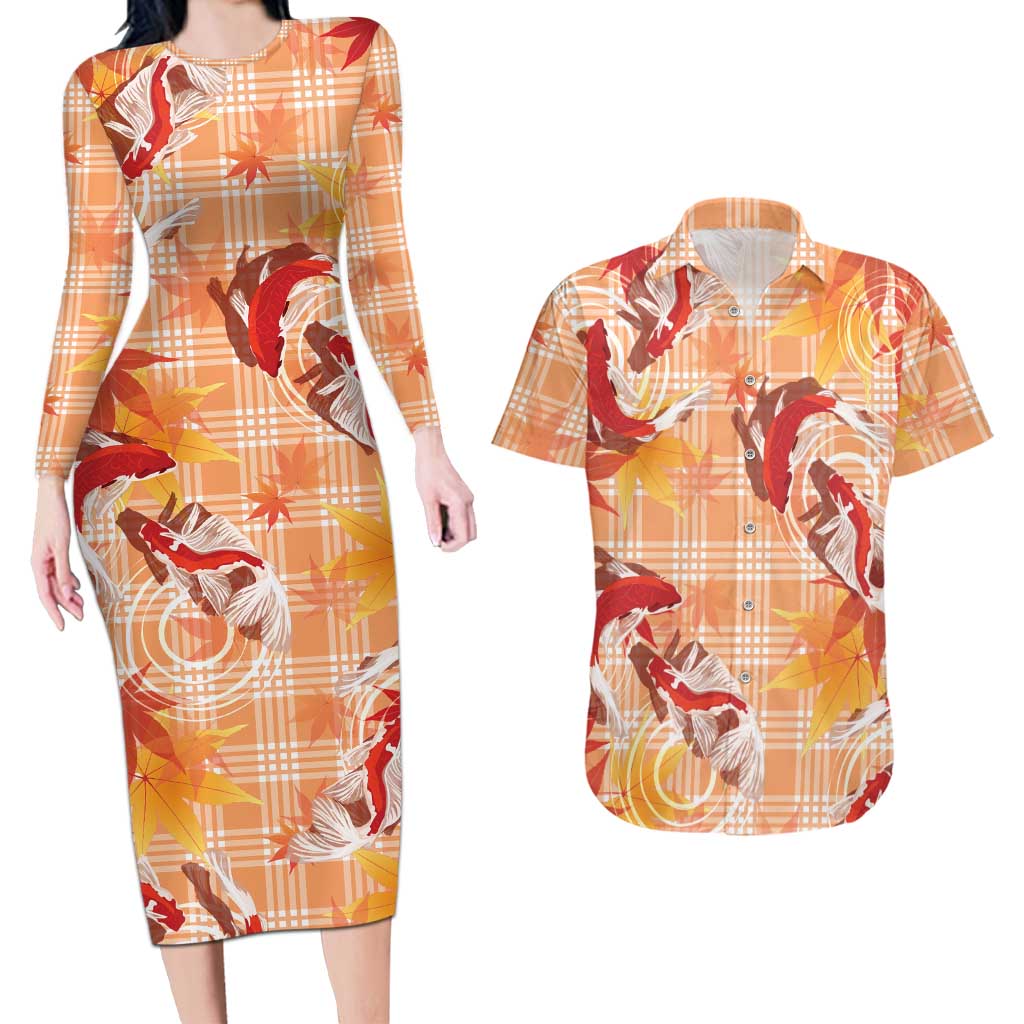 Orange Palaka Hawaii Aloha Couples Matching Long Sleeve Bodycon Dress and Hawaiian Shirt Koi Pond Mix Japanese Maple LT7 Orange - Polynesian Pride