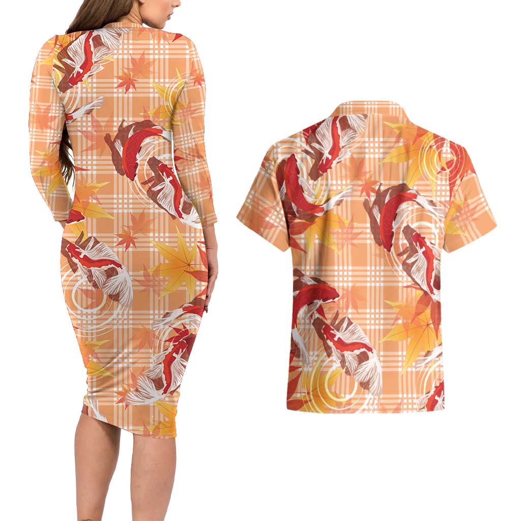 Orange Palaka Hawaii Aloha Couples Matching Long Sleeve Bodycon Dress and Hawaiian Shirt Koi Pond Mix Japanese Maple LT7 - Polynesian Pride