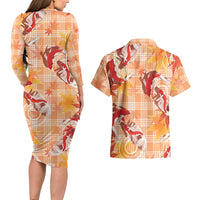 Orange Palaka Hawaii Aloha Couples Matching Long Sleeve Bodycon Dress and Hawaiian Shirt Koi Pond Mix Japanese Maple LT7 - Polynesian Pride