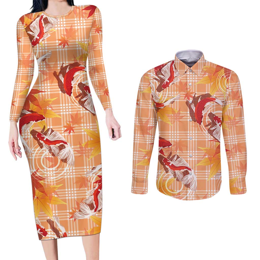 Orange Palaka Hawaii Aloha Couples Matching Long Sleeve Bodycon Dress and Long Sleeve Button Shirt Koi Pond Mix Japanese Maple LT7 Orange - Polynesian Pride