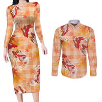 Orange Palaka Hawaii Aloha Couples Matching Long Sleeve Bodycon Dress and Long Sleeve Button Shirt Koi Pond Mix Japanese Maple LT7 Orange - Polynesian Pride
