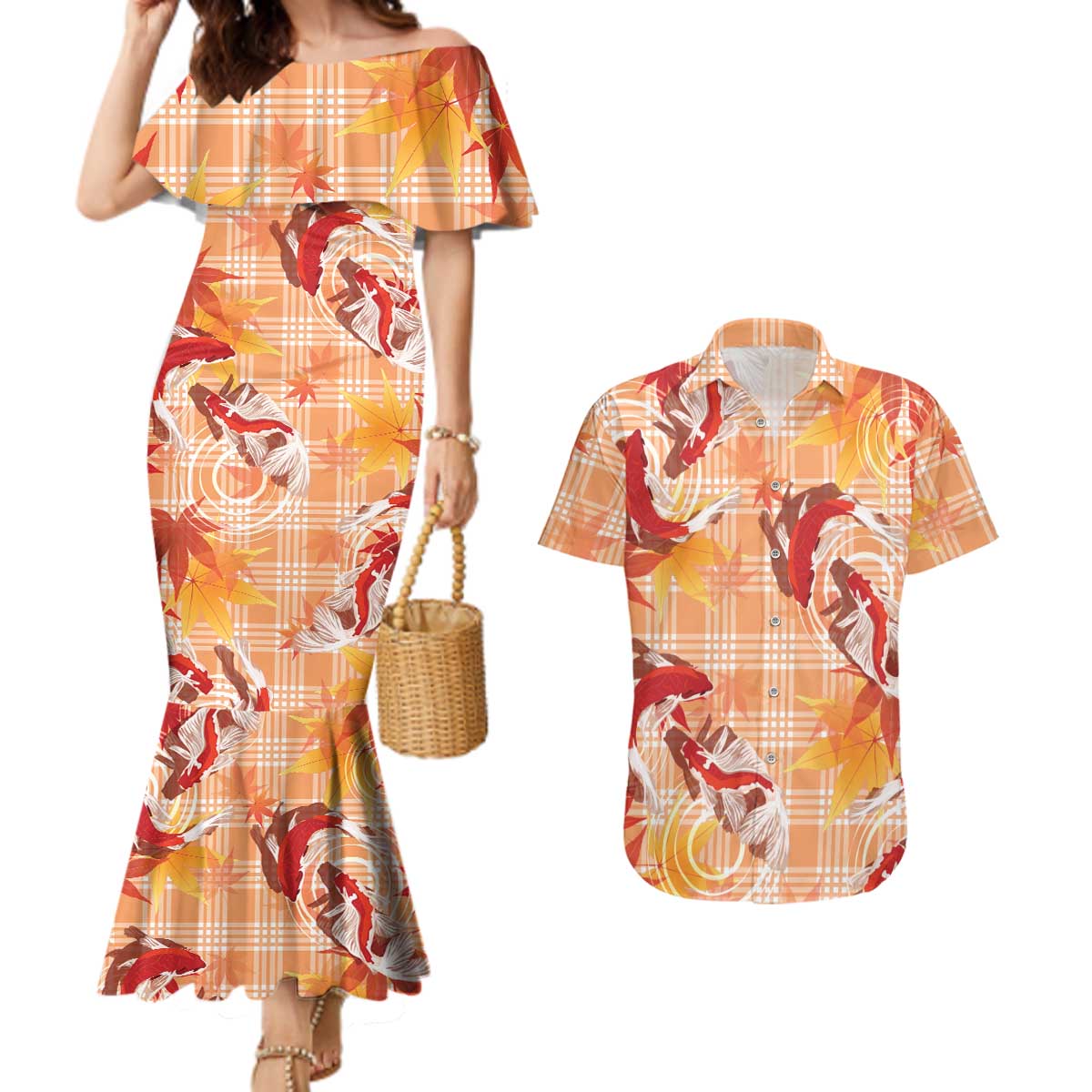Orange Palaka Hawaii Aloha Couples Matching Mermaid Dress and Hawaiian Shirt Koi Pond Mix Japanese Maple LT7 Orange - Polynesian Pride