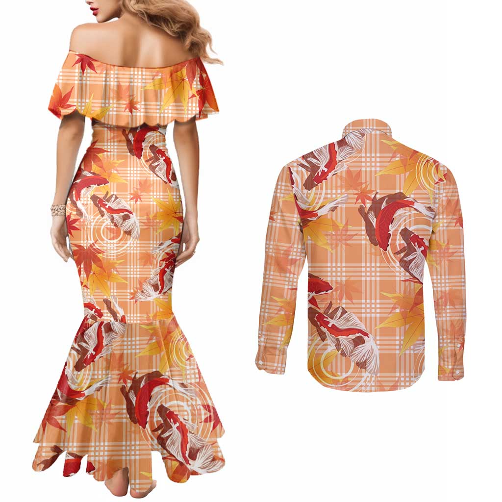 Orange Palaka Hawaii Aloha Couples Matching Mermaid Dress and Long Sleeve Button Shirt Koi Pond Mix Japanese Maple LT7 - Polynesian Pride