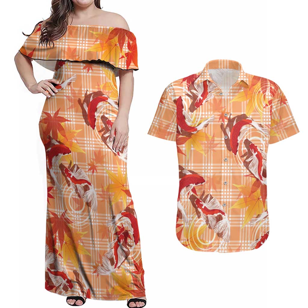 Orange Palaka Hawaii Aloha Couples Matching Off Shoulder Maxi Dress and Hawaiian Shirt Koi Pond Mix Japanese Maple - Polynesian Pride