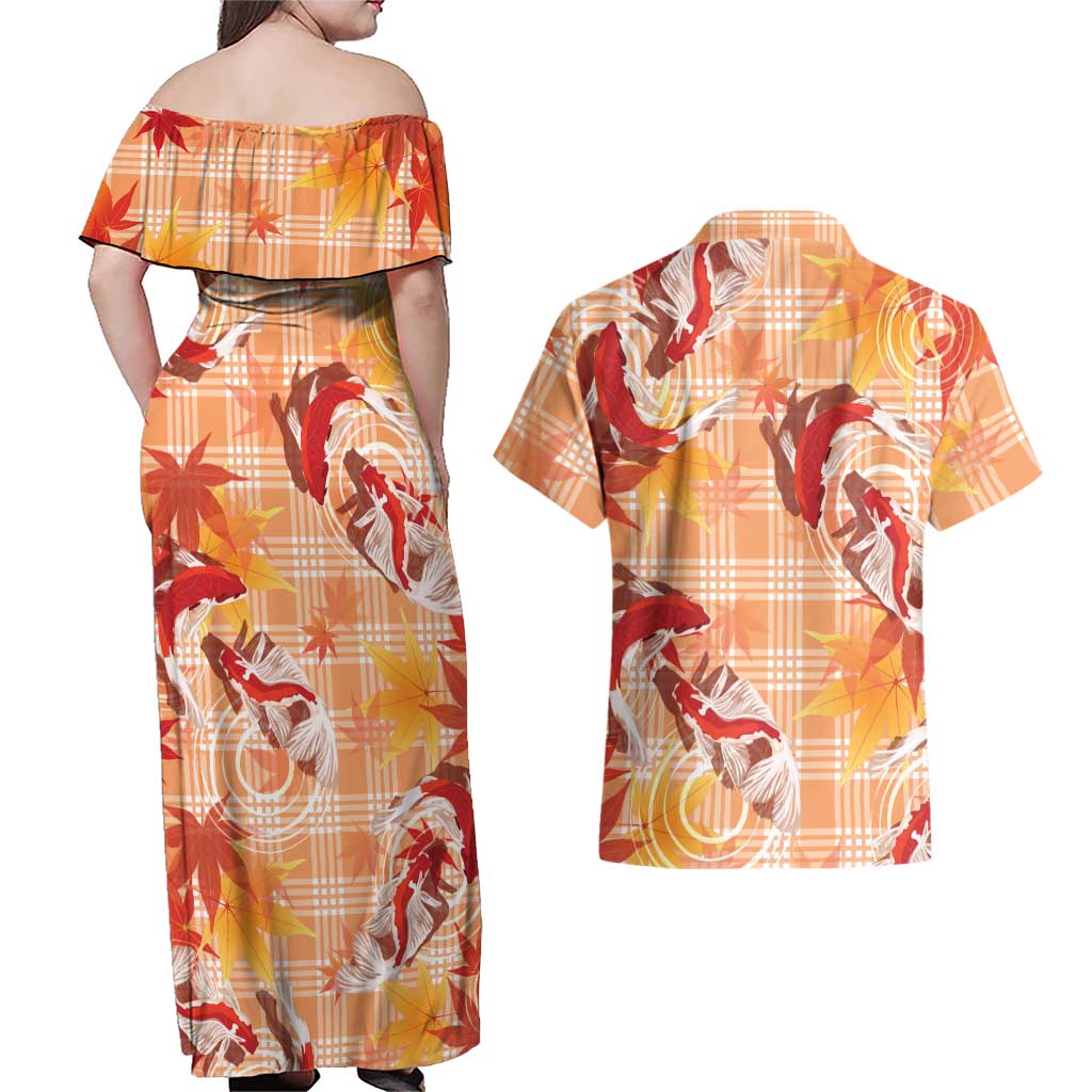 Orange Palaka Hawaii Aloha Couples Matching Off Shoulder Maxi Dress and Hawaiian Shirt Koi Pond Mix Japanese Maple LT7 - Polynesian Pride