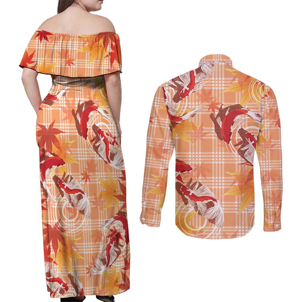 Orange Palaka Hawaii Aloha Couples Matching Off Shoulder Maxi Dress and Long Sleeve Button Shirt Koi Pond Mix Japanese Maple LT7 - Polynesian Pride
