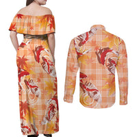 Orange Palaka Hawaii Aloha Couples Matching Off Shoulder Maxi Dress and Long Sleeve Button Shirt Koi Pond Mix Japanese Maple LT7 - Polynesian Pride
