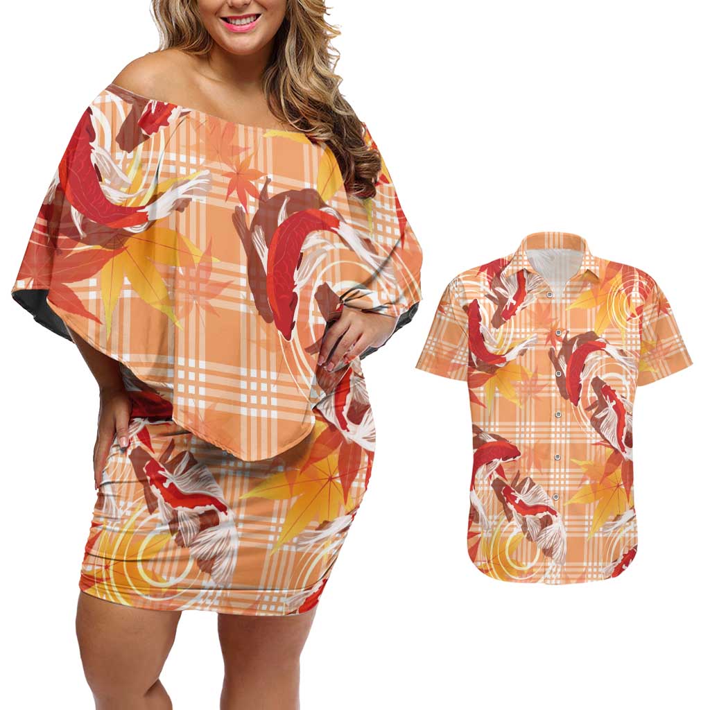 Orange Palaka Hawaii Aloha Couples Matching Off Shoulder Short Dress and Hawaiian Shirt Koi Pond Mix Japanese Maple LT7 Orange - Polynesian Pride