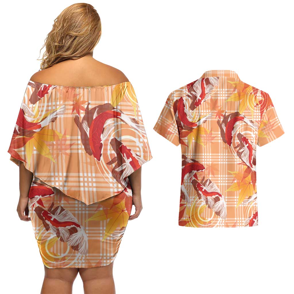 Orange Palaka Hawaii Aloha Couples Matching Off Shoulder Short Dress and Hawaiian Shirt Koi Pond Mix Japanese Maple LT7 - Polynesian Pride
