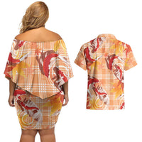 Orange Palaka Hawaii Aloha Couples Matching Off Shoulder Short Dress and Hawaiian Shirt Koi Pond Mix Japanese Maple LT7 - Polynesian Pride