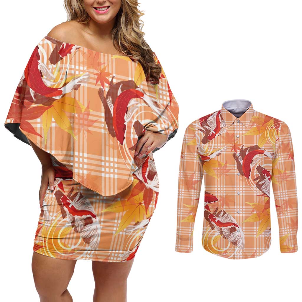 Orange Palaka Hawaii Aloha Couples Matching Off Shoulder Short Dress and Long Sleeve Button Shirt Koi Pond Mix Japanese Maple LT7 Orange - Polynesian Pride