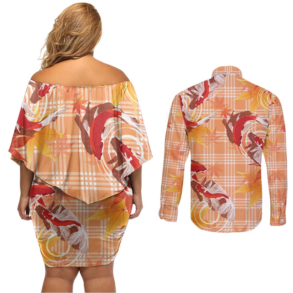 Orange Palaka Hawaii Aloha Couples Matching Off Shoulder Short Dress and Long Sleeve Button Shirt Koi Pond Mix Japanese Maple LT7 - Polynesian Pride